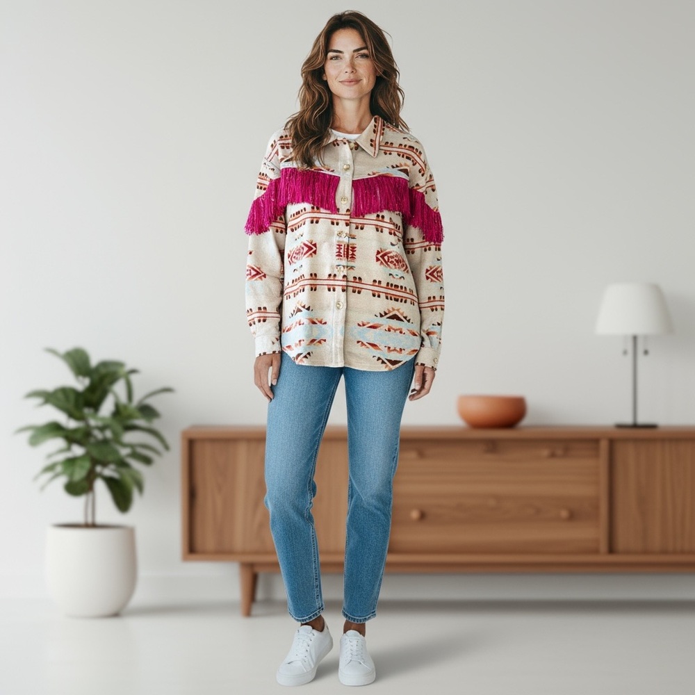 New blue b Tan Blue Orange Hot Pink Fringe Aztec Print Western Jacket Shacket - Picture 2 of 5